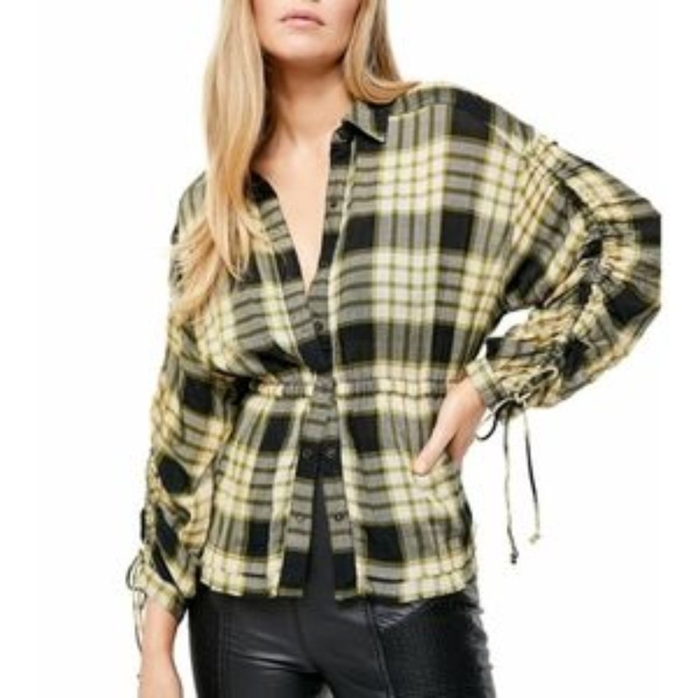 Free People Pacific Dawn Black, Green, Creme Plaid Shirt Ruched Sleeves NWT! M